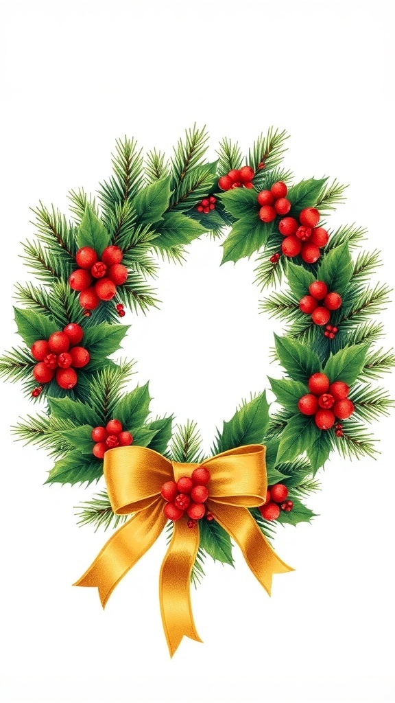 Vintage Christmas Wreath Drawing Recipe A vintage Christmas wreath drawing with pine branches, holly berries, and ribbons.